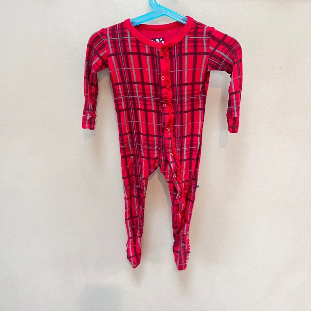 Kickee Pants Infant 9-12 Months Red Plaid Footed Bamboo Pajamas‎